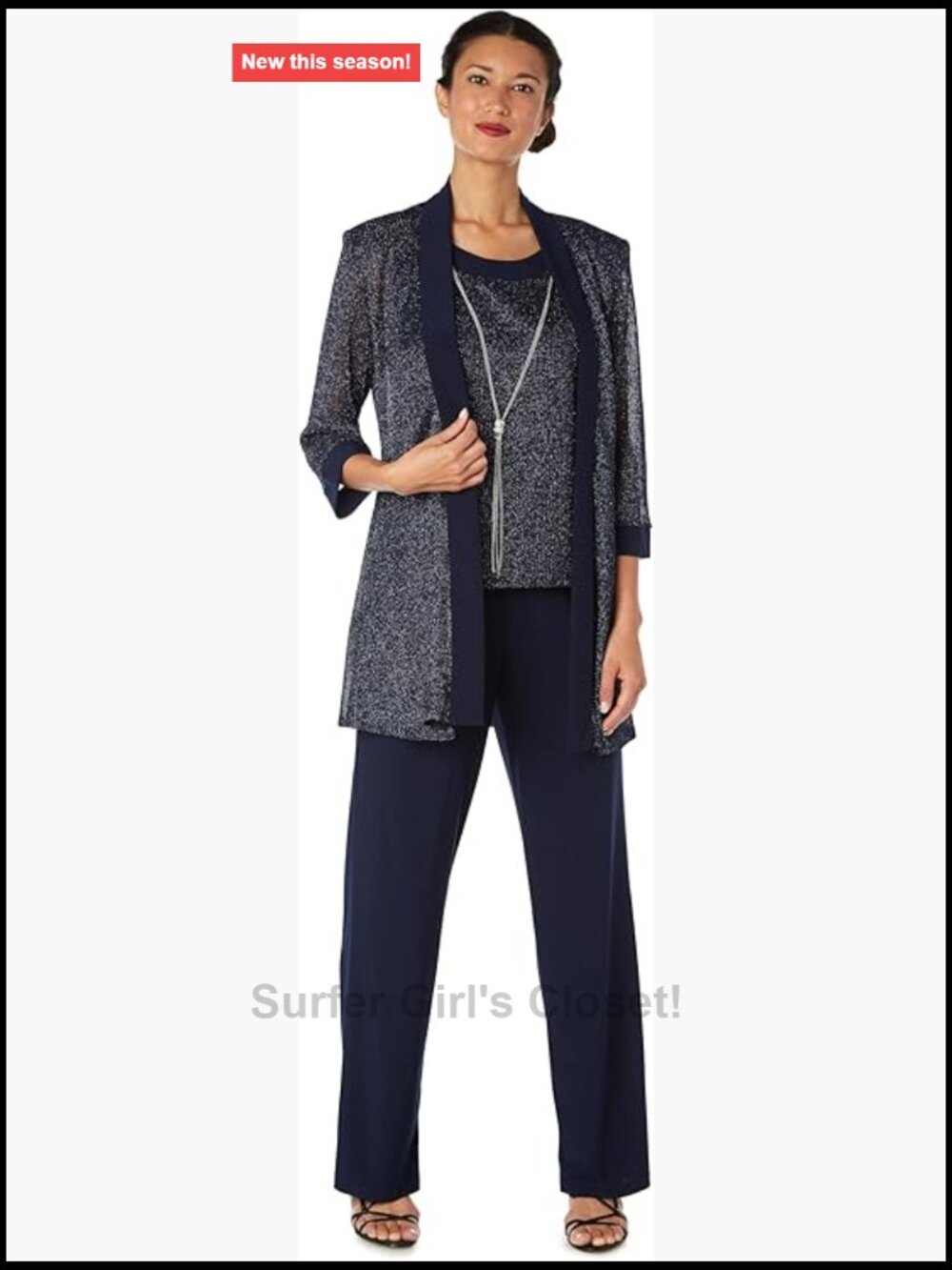 Shimmering Rib Knit Pantsuit with 3/4 Sleeves